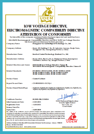 CE certification for the YQ04L control cabinet, Low Voltage Directive and EMC Directive