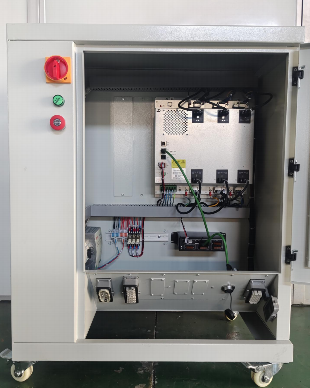 Inside view of the YQ04L industrial robot retrofit control cabinet showing servo drive modules and wiring